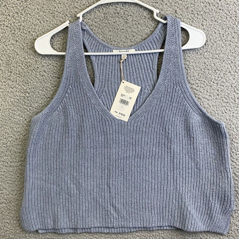 Splendid Womens Knit V-Neck Razor Back Crop Tank Top Blue Sweater Sz Large NWT